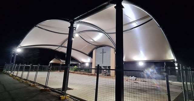 Lighting Installation within the new Shade Sail Structure at Trinity Catholic College Trade Training Centre in Goulburn. 